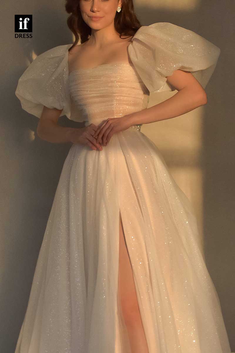 71197 - Classy A-Line Short Sleeves High Side Tulle Beach Wedding Dress
