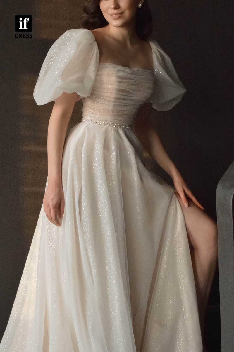 71197 - Classy A-Line Short Sleeves High Side Tulle Beach Wedding Dress