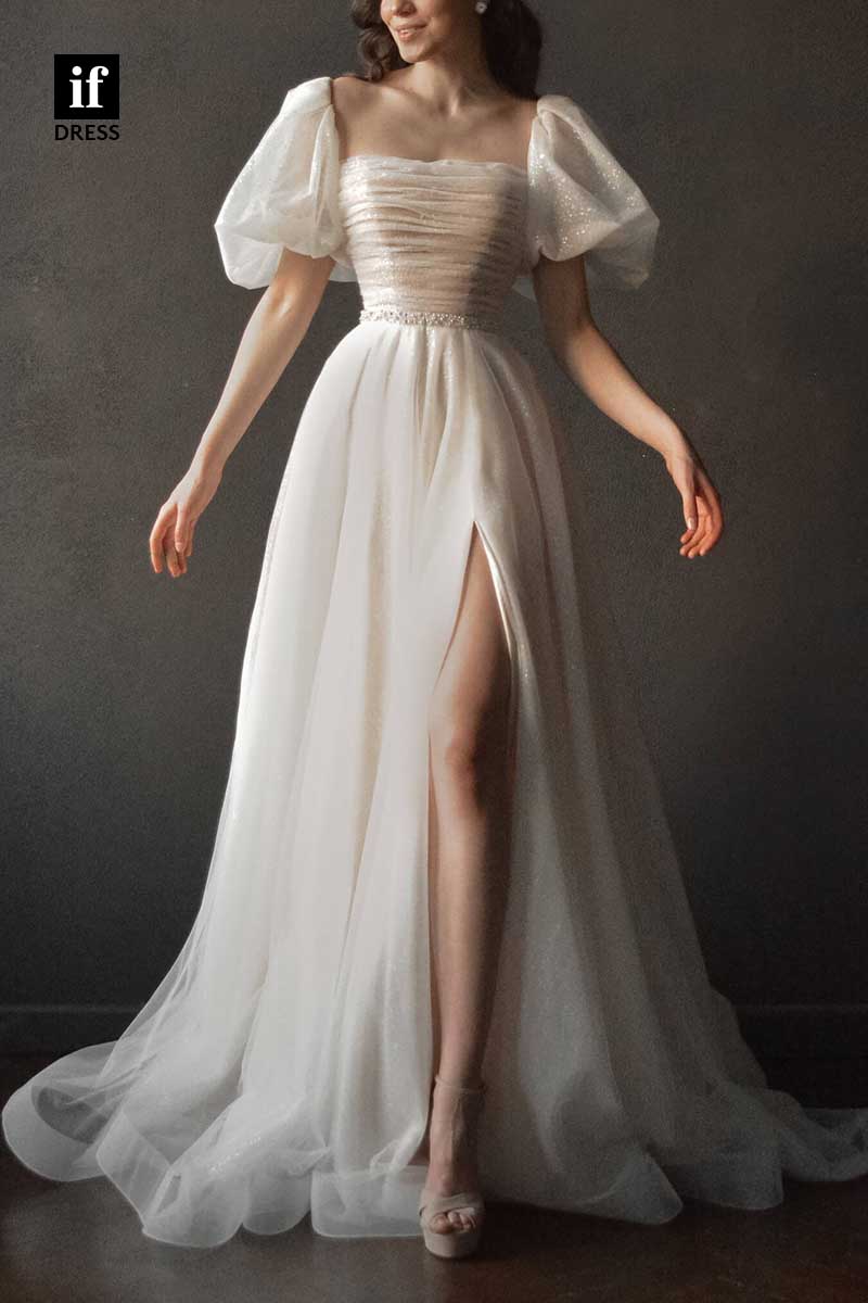 71197 - Classy A-Line Short Sleeves High Side Tulle Beach Wedding Dress