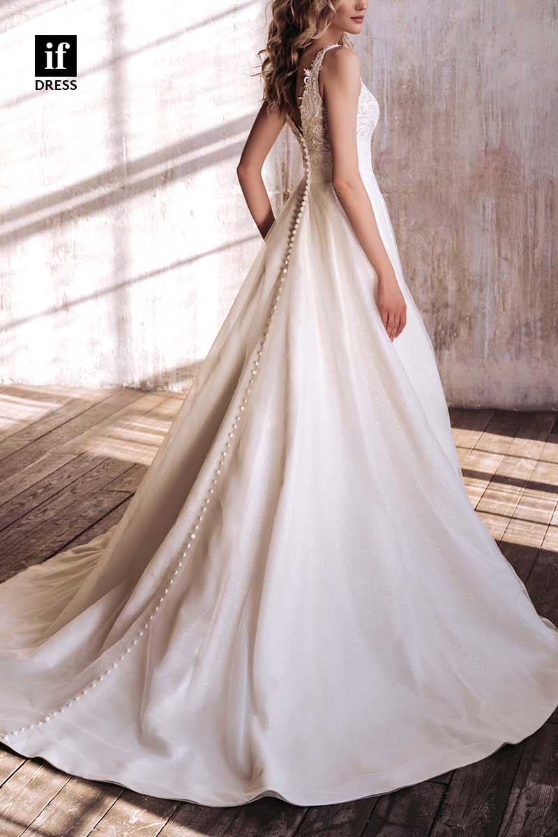 71198 - Minimalism Straps V-Neck Sleeveless Top Lace Bohemian Wedding Dress