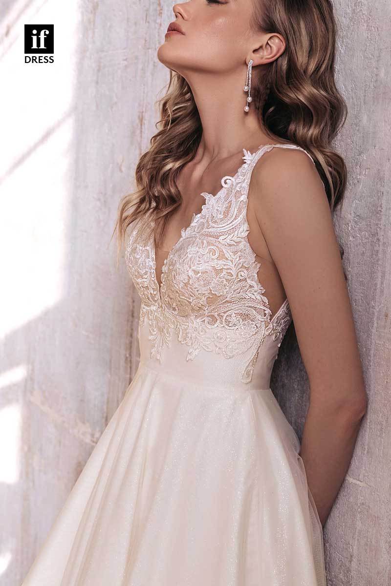 71198 - Minimalism Straps V-Neck Sleeveless Top Lace Bohemian Wedding Dress