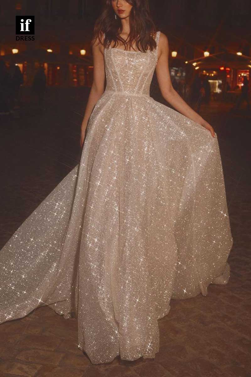 71199 - Sparkly Straps Scoop A-Line Sequins Sleeveless Beach Wedding Dress