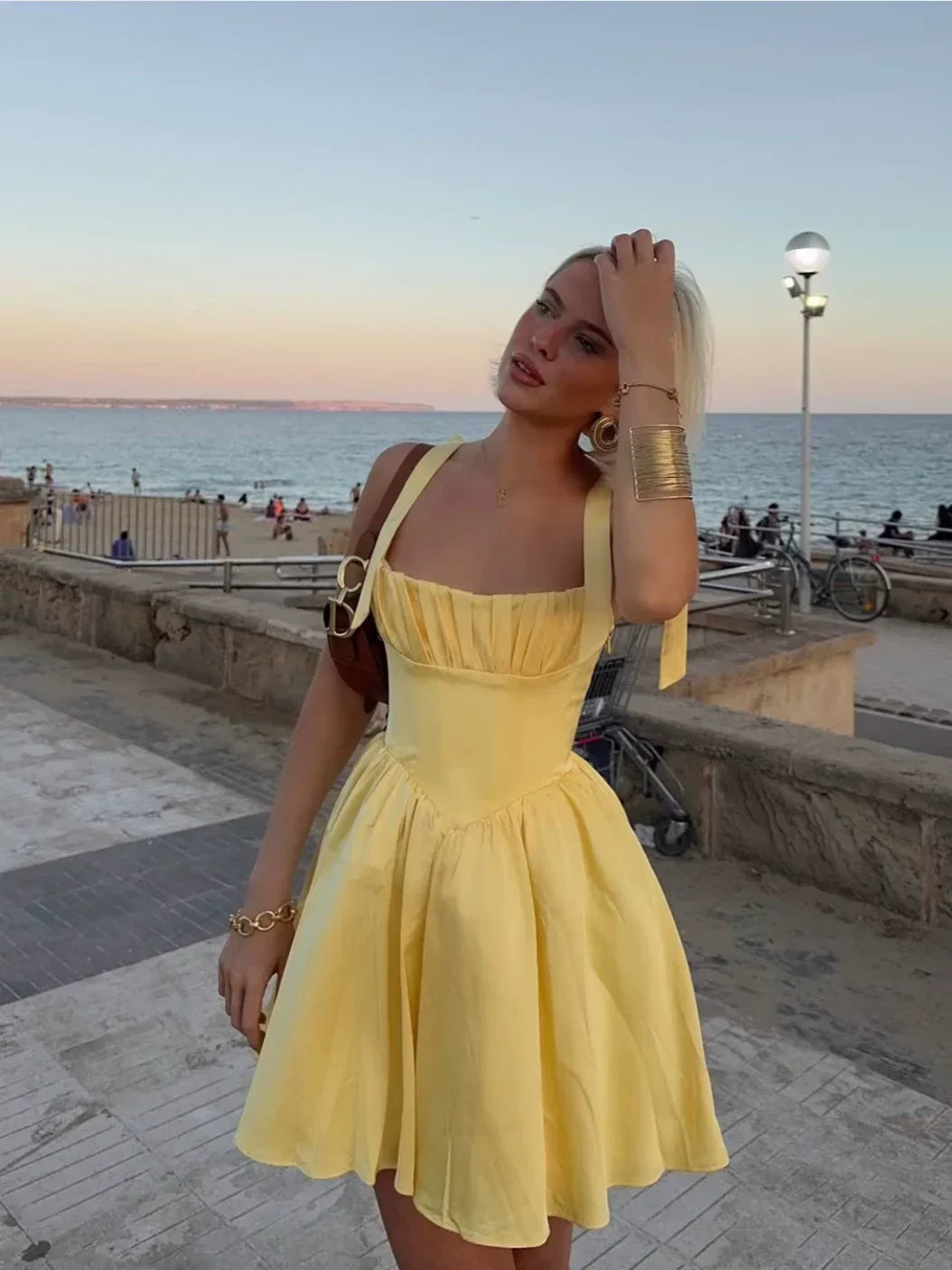 A Line Homecoming Dresses Yellow Bow Strap Prom Cocktail Party Gown       fg6229