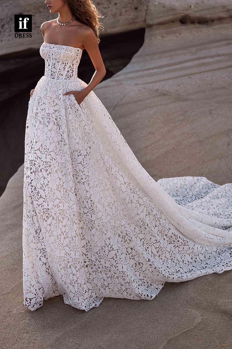 71207 - Strapless Scoop Lace Appliques Sleeveless Beach Wedding Dress with Pockets