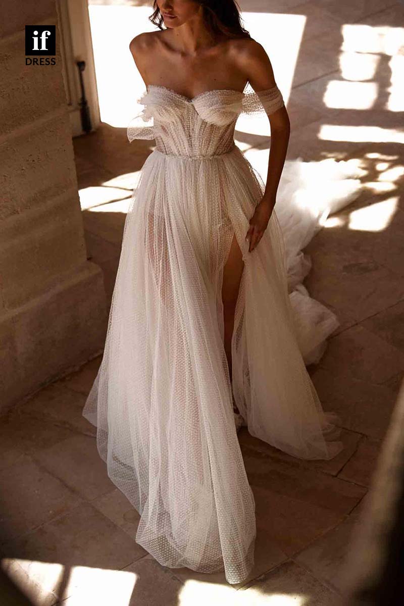 71208 - A-Line Off-Shoulder Sweetheart Tulle Side Slit Beach Wedding Dress