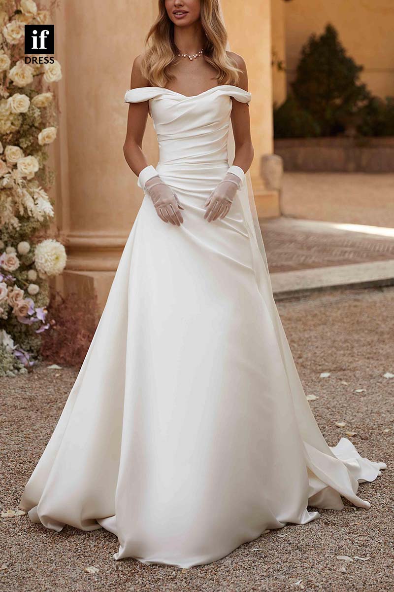 71209 - Chic Strapless A-Line Pleated Cap Sleeves Beach Wedding Dress
