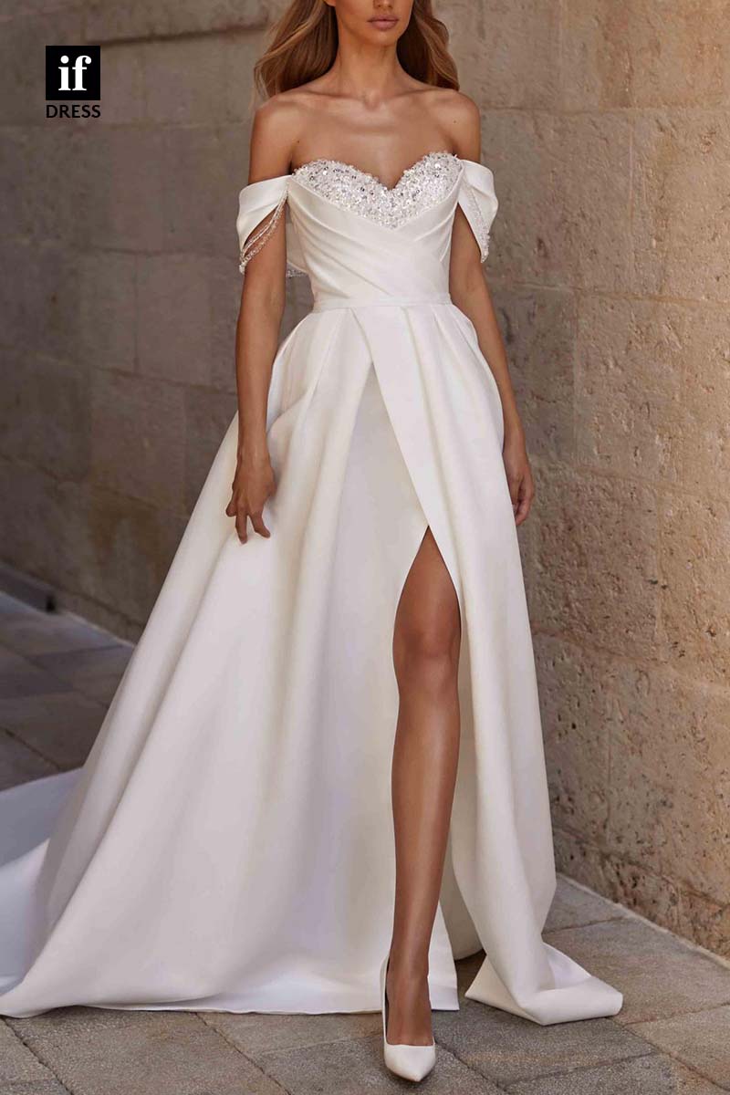 71210 - Stunning Strapless A-Line Beads Side Slit Boho Wedding Dress