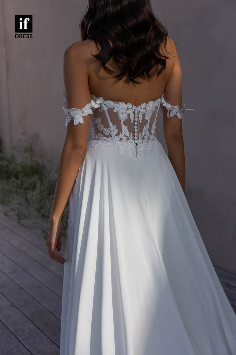 71211 - Off-Shoulder Top Lace Appliques High Slit Beach Wedding Dress