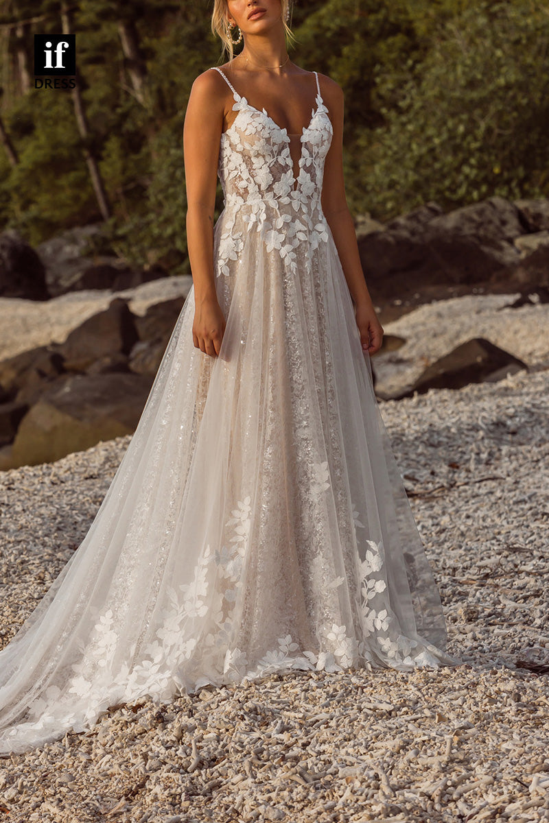71213 - Bohemian A-Line Straps V-Neck Lace Appliques Wedding Dress