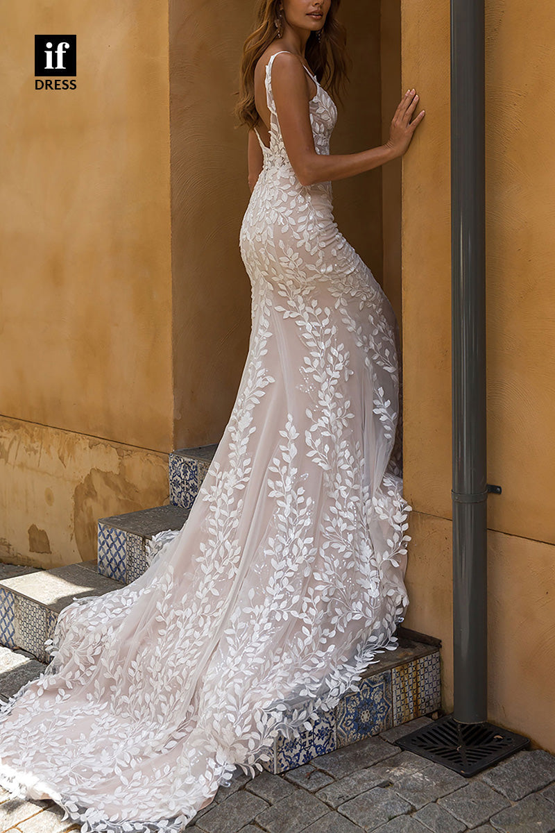 71216 - Mermaid/Trumpet V-Neck Lace Appliques Bohemian Wedding Dress
