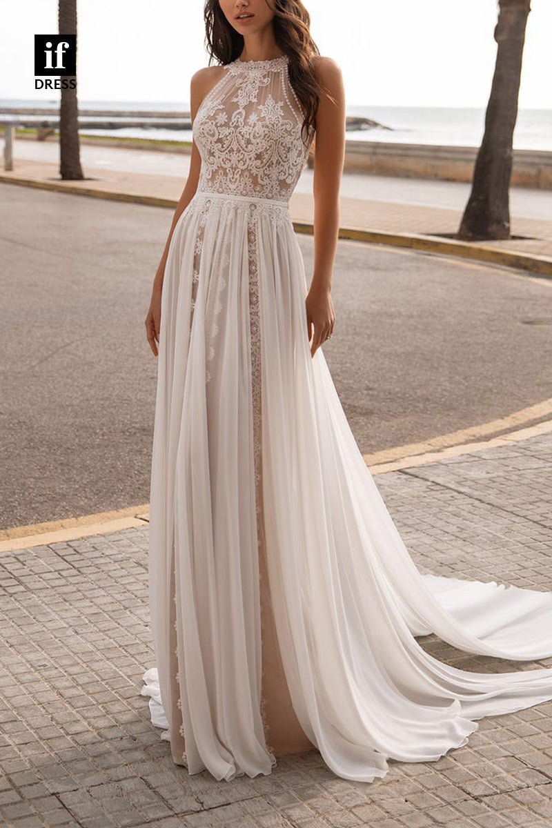 71219 - High Neck Lace Appliques Sleeveless Tulle Beach Wedding Dress