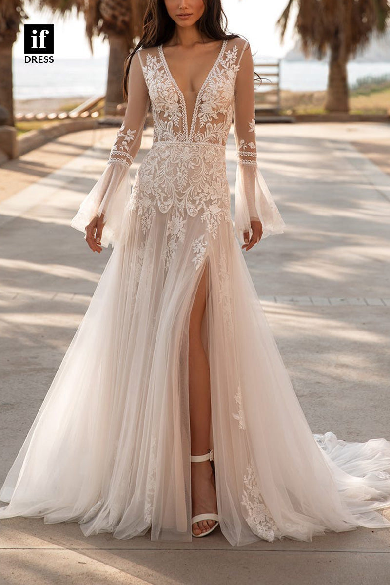 71220 - Elegant Deep V-Neck Appliques A-Line Beach Wedding Dress with Sleeves