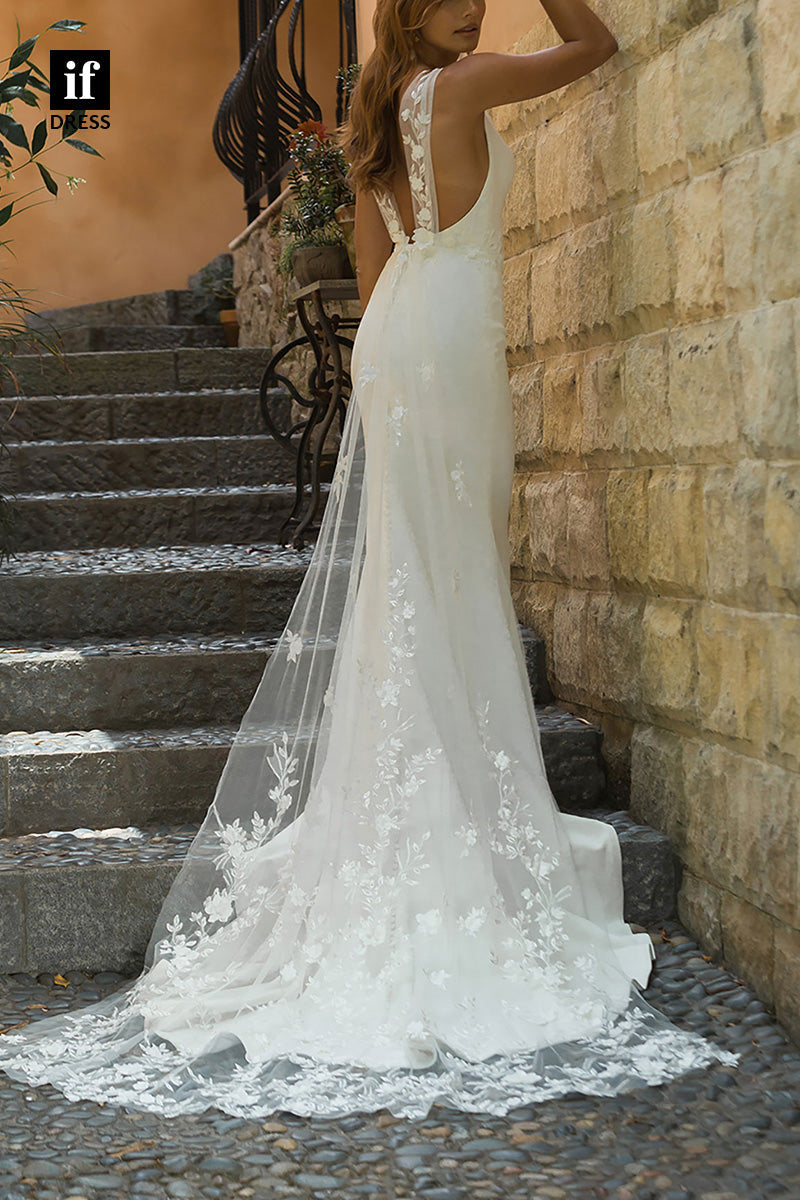 71226 - Mermaid/Trumpet Deep V-Neck Sleeveless Beach Wedding Dress