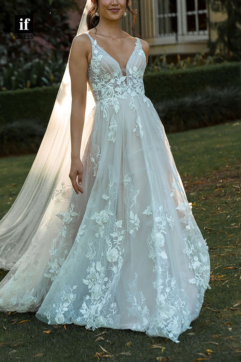 71228 - Romantic Straps V-Neck Lace Appliques A-Line Beach Wedding Dress