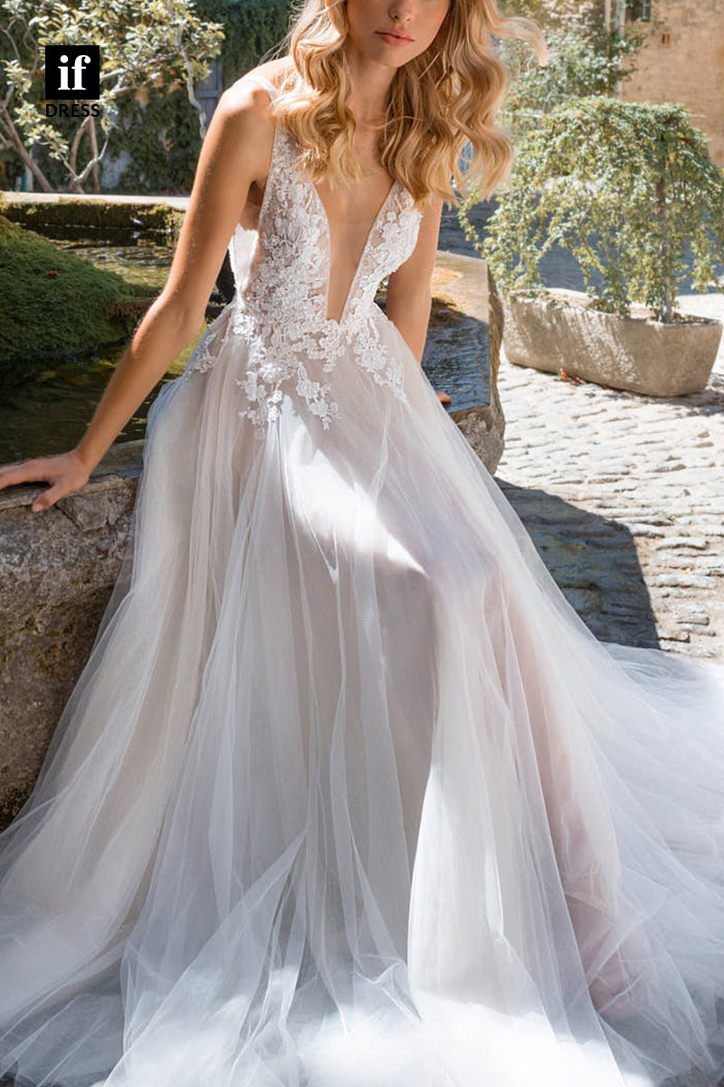 71231 - A-Line Straps Deep V-Neck Top Lace Tulle Bohemian Wedding Dress