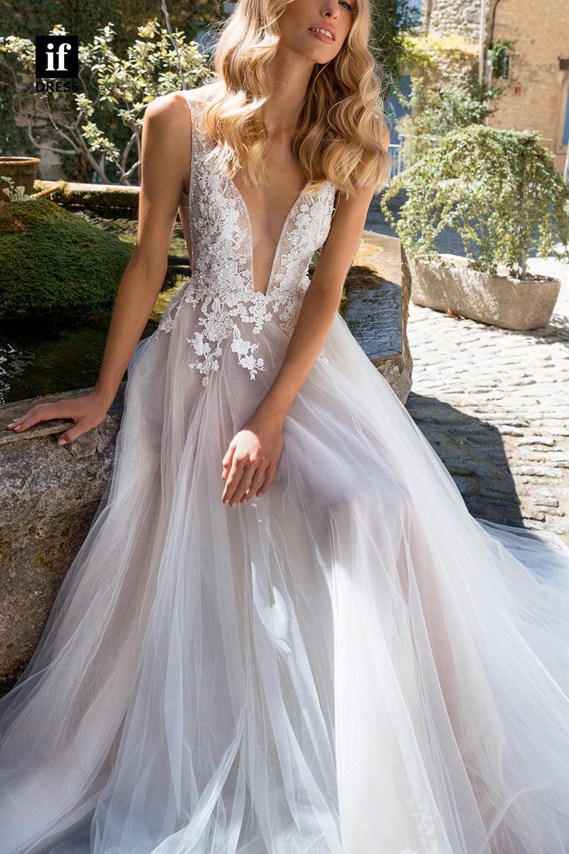 71231 - A-Line Straps Deep V-Neck Top Lace Tulle Bohemian Wedding Dress