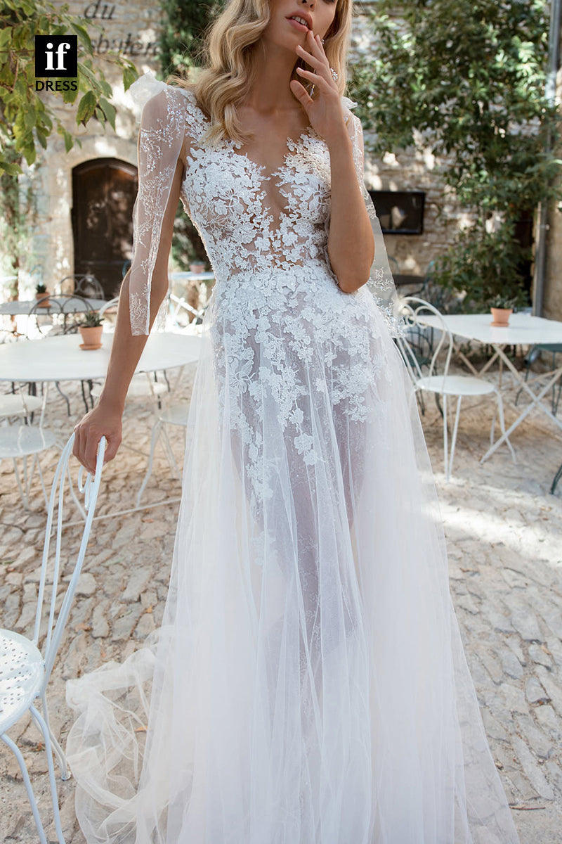 71233 - Elegant Deep V-Neck Lace Appliques A-Line Tulle Boho Wedding Dress