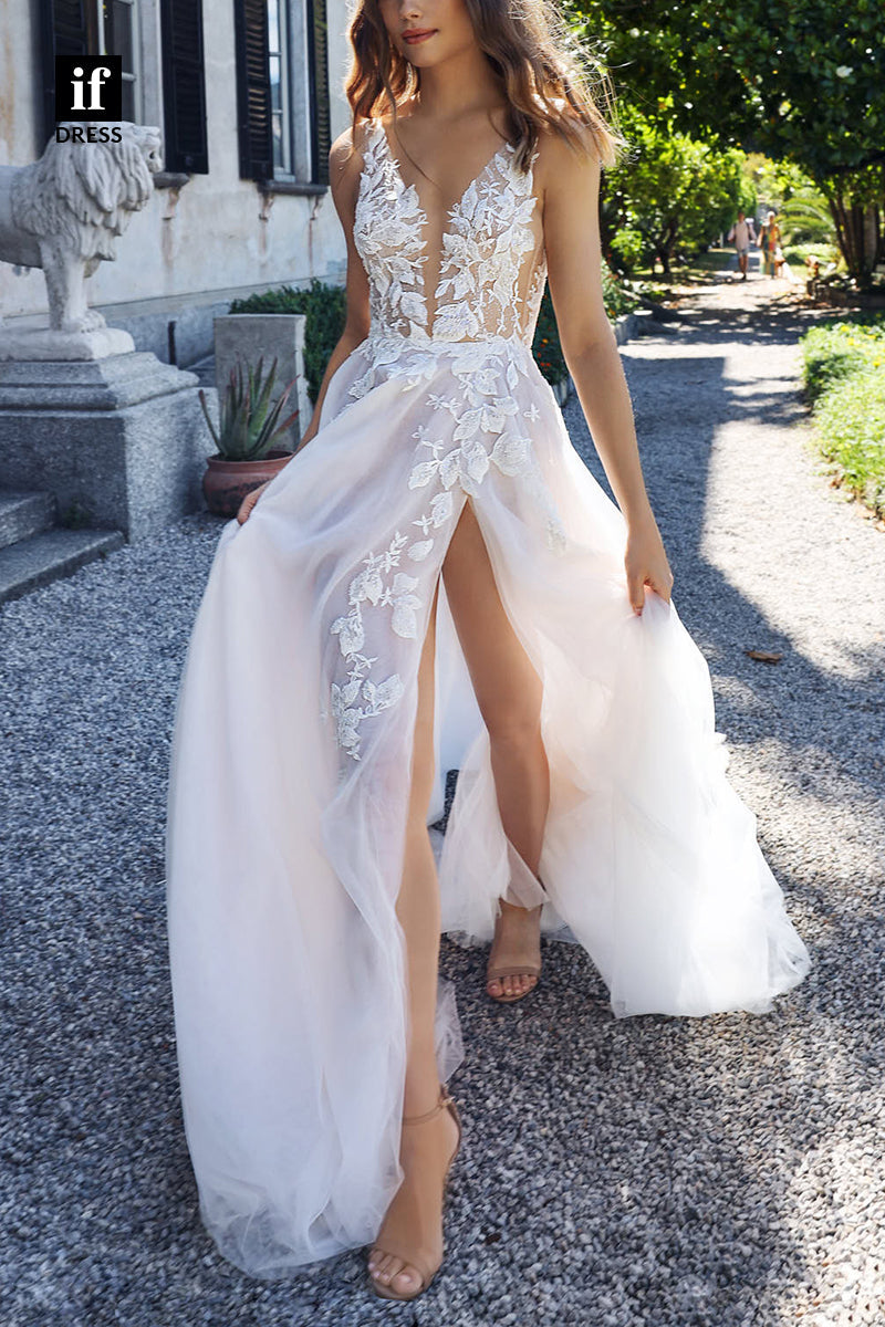 71234 - A-Line Deep V-Neck Lace Appliques Beach Wedding Dress with Slit
