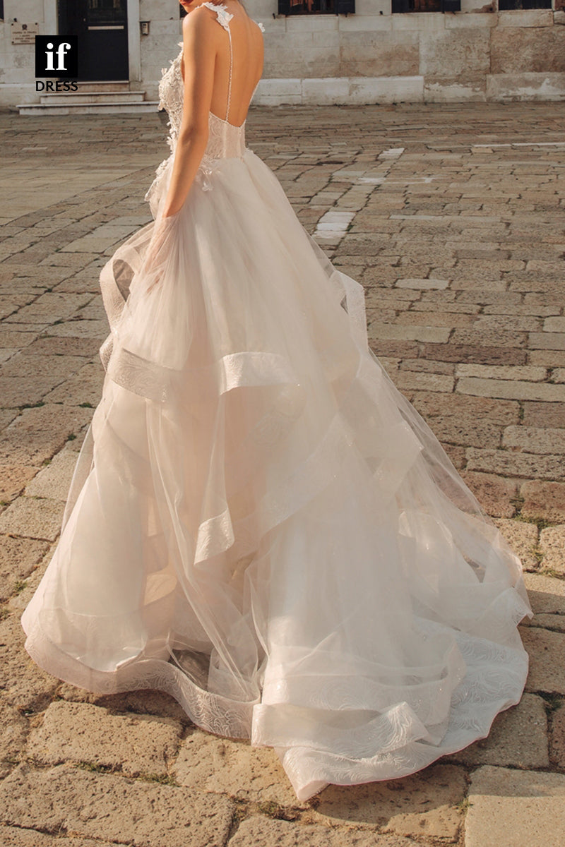 71236 - Charming Straps V-Neck A-Line Ruffles Tulle Boho Wedding Dress