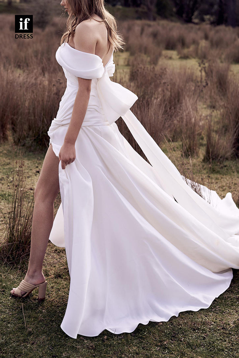 71238 - Simple A-Line Cap Sleeves Pleated Beach Wedding Dress