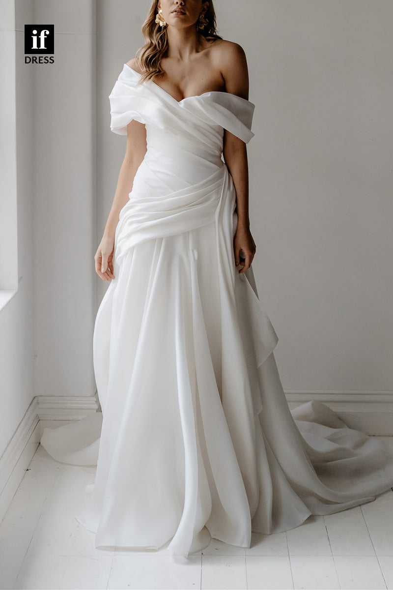 71238 - Simple A-Line Cap Sleeves Pleated Beach Wedding Dress