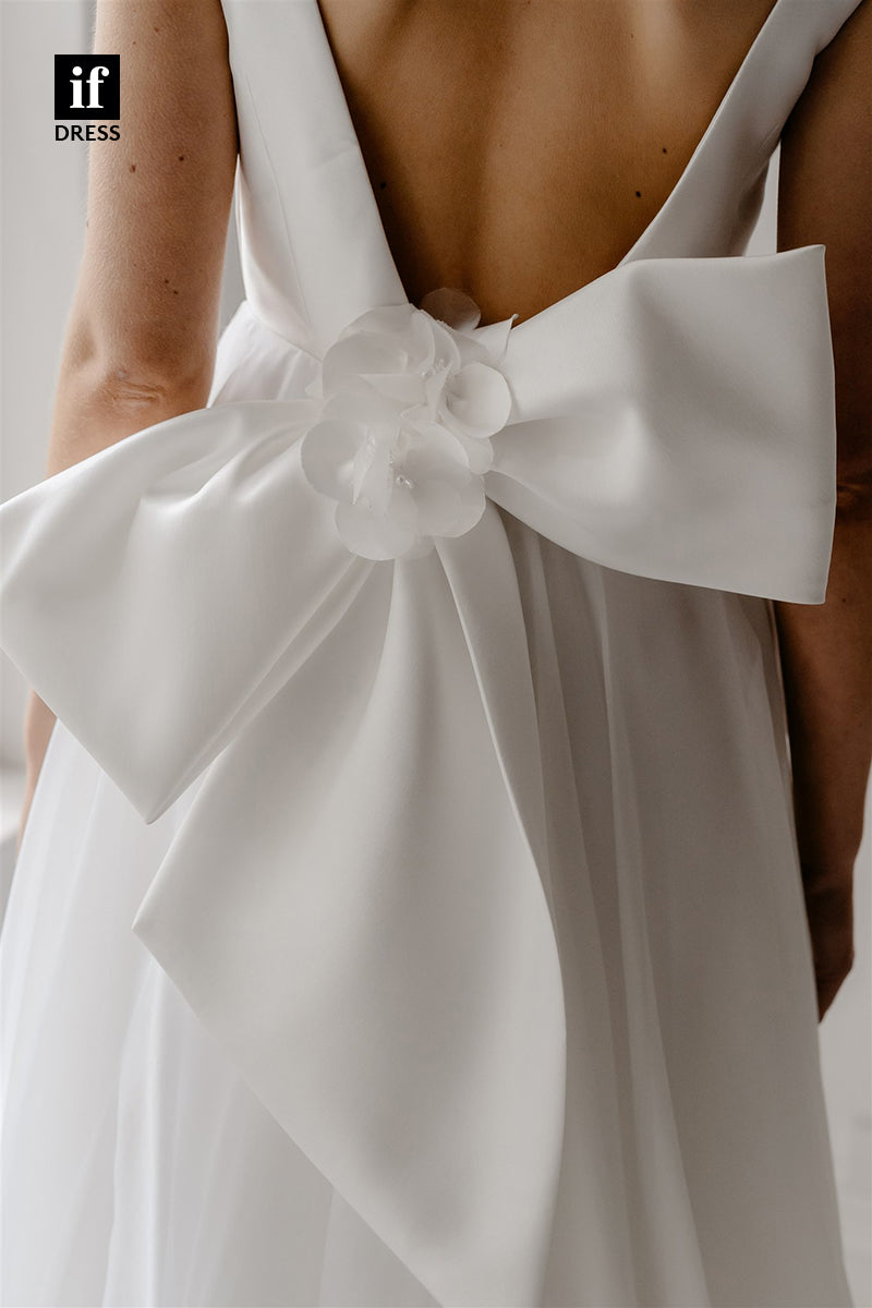 71239 - Classic A-Line V-Neck Tulle Sleeveless Beach Wedding Dress with Bow-Knots
