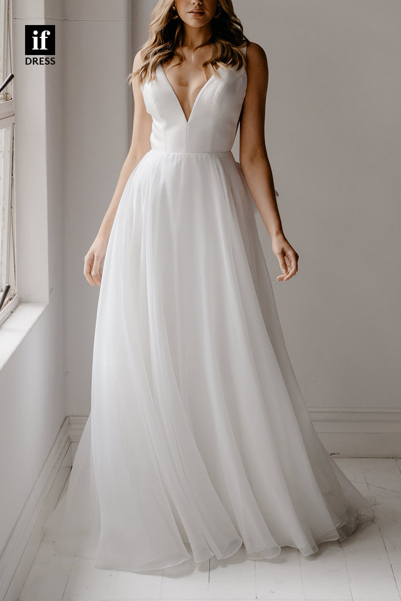 71239 - Classic A-Line V-Neck Tulle Sleeveless Beach Wedding Dress with Bow-Knots