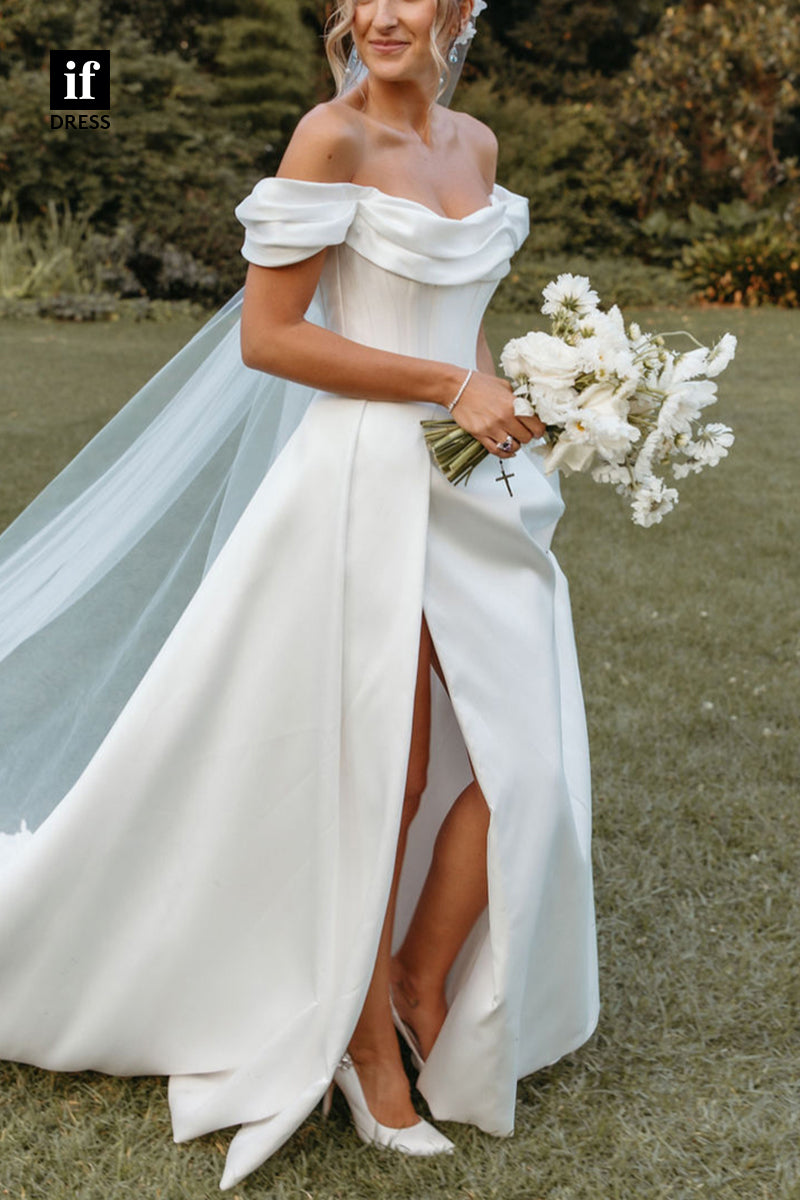 71240 - Classy Strapless Scoop A-Line Satin Bohemian Wedding Dress with Slit
