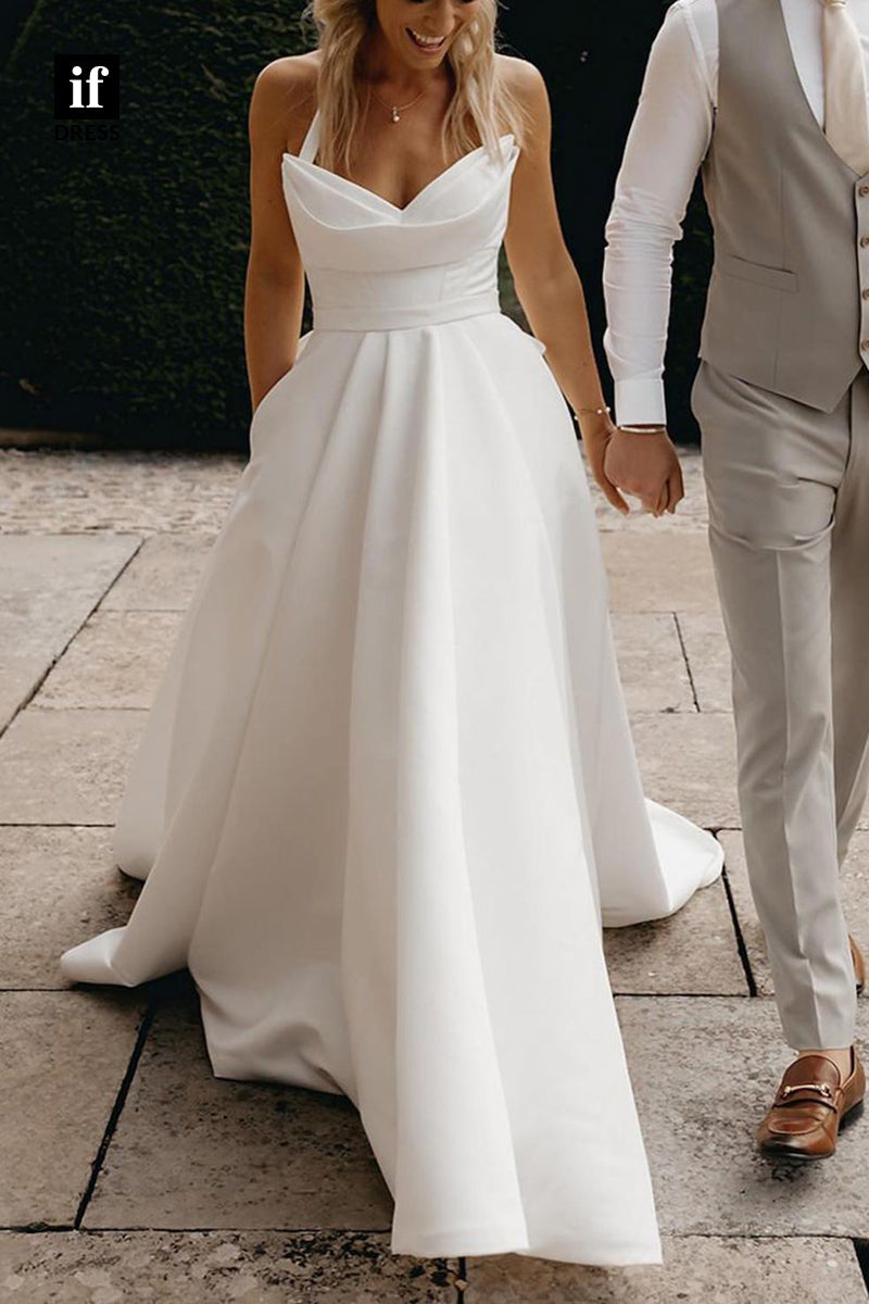 71241 - A-Line V-Neck Strapless Pleats Sleeveless Satin Beach Wedding Dress with Pockets
