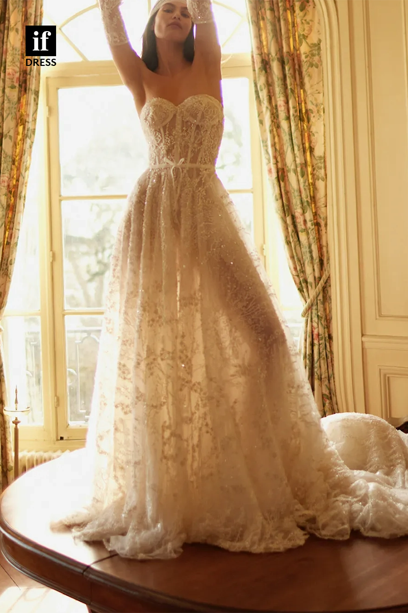 71244 - Stunning Strapless A-Line Lace Appliques Boho Wedding Dress
