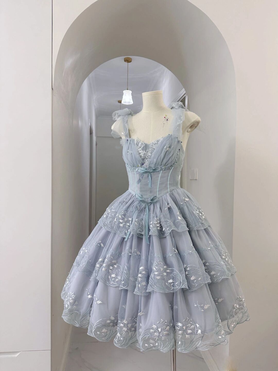 Sweet Tulle Lace Layered A Line Birthday Outfits Blue Formal Short Graduation Homecoming Dress D094