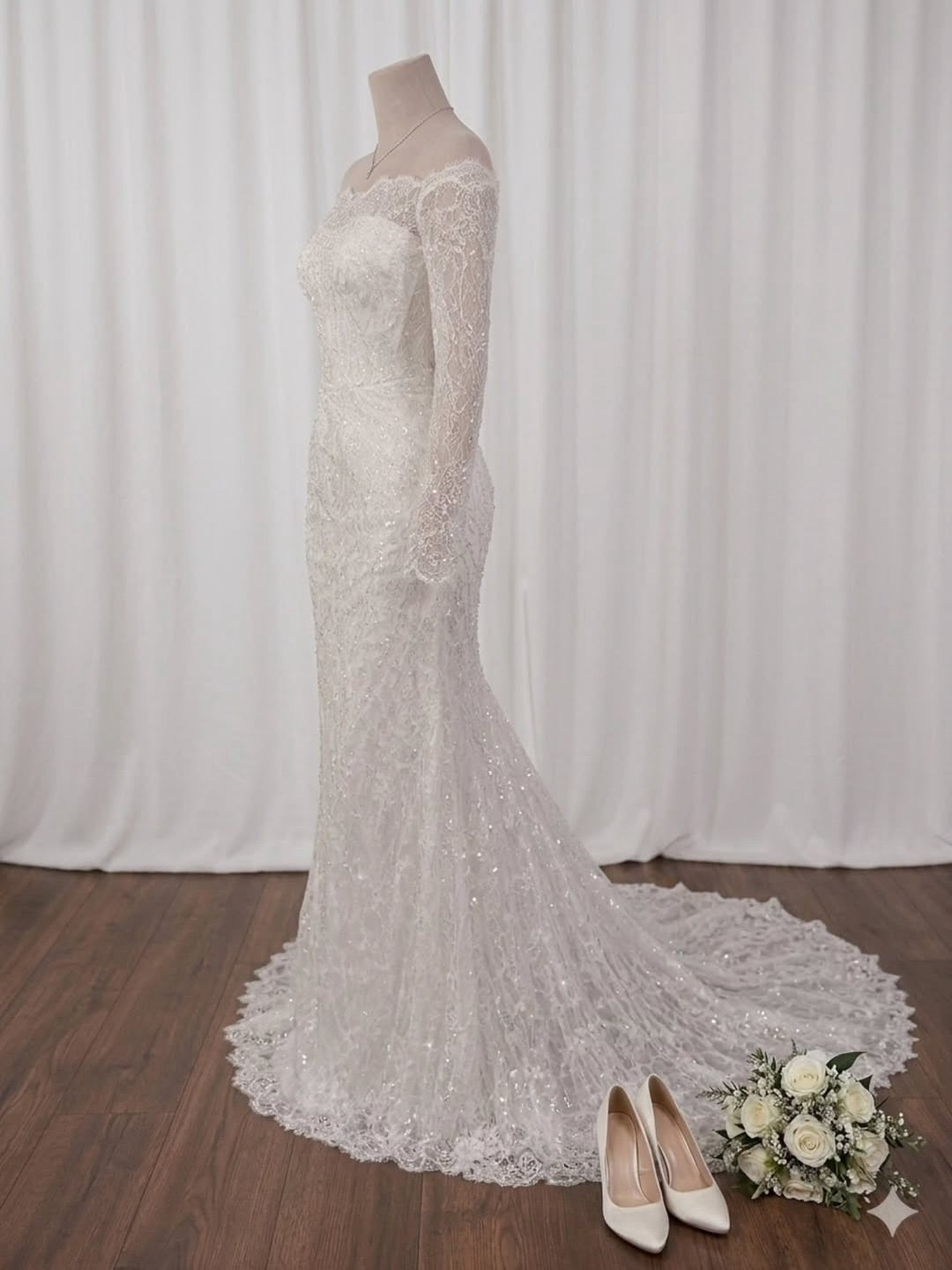 Off-Shoulder Sheer Long Lace Sleeve Sparkly Lace Mermaid Wedding Dress With Scalloped Train