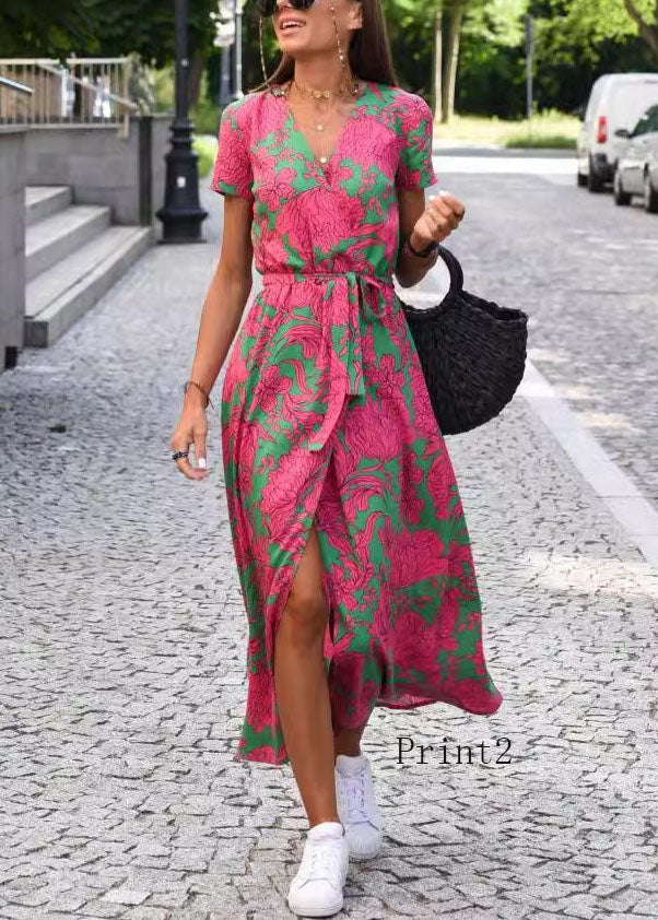 New V Neck Print Side Open Tie Waist Cotton Dress Summer - View 3 | VelvetHem