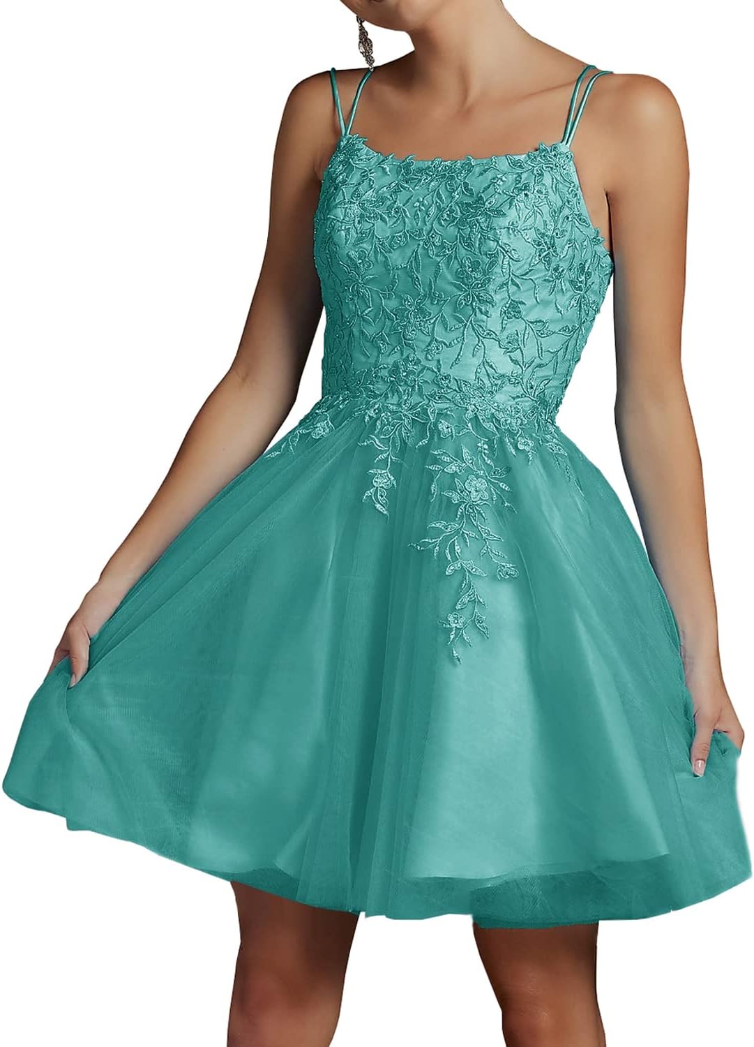 Modest Lace Beaded Tulle Homecoming Dresses Short Square Neck Prom Dress Spaghetti Straps Party Gown