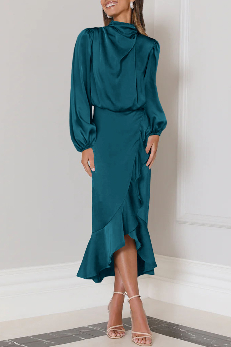 Elegant Solid Flounce Fold Turtleneck Evening Dress Dresses - View 3 | VelvetHem