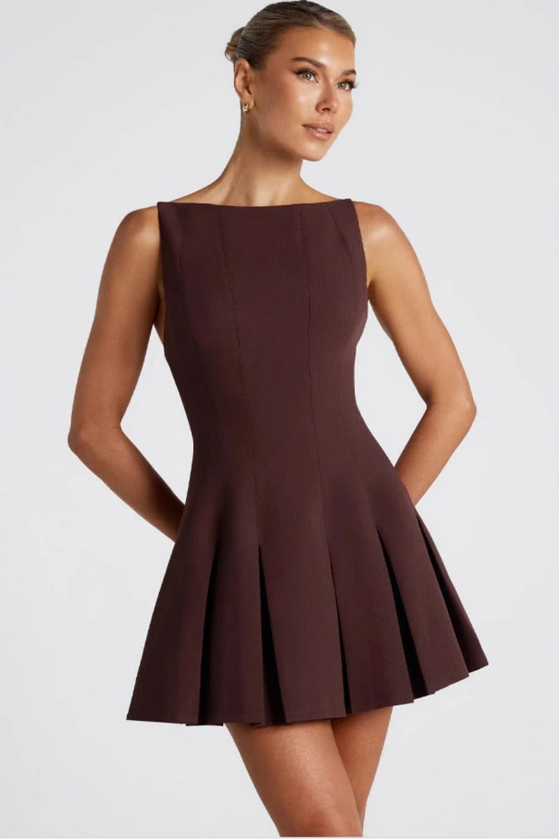 Simple Solid Sleeveless Loose Fit Ruched Waist Cocktail Dress