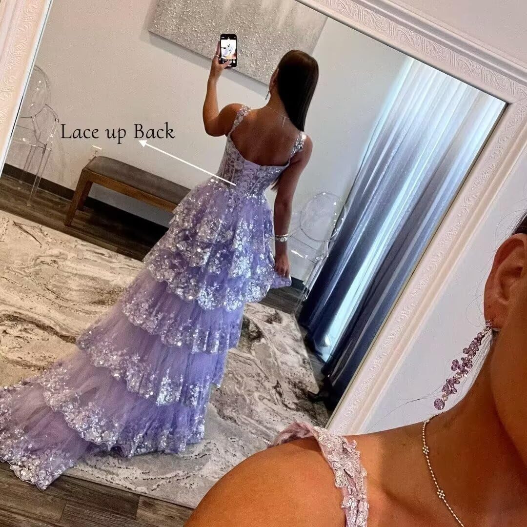 Sparkly Tiered Lace Tulle Prom Dresses Long 2025 Spaghetti Straps Formal Corset Evening Gown with Slit - View 2 | VelvetHem