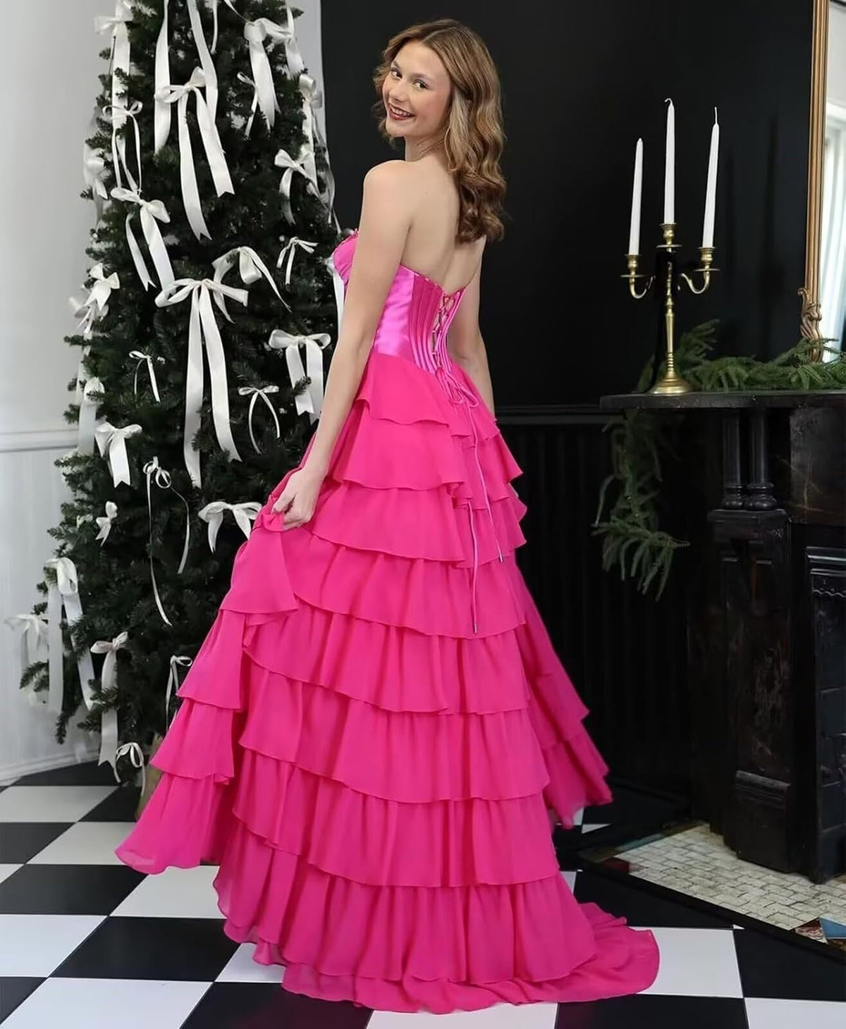 Strapless Corset Prom Dresses for Women 2025 Long Tiered Ruffle Chiffon Formal Evening Gown with Slit - View 2 | VelvetHem
