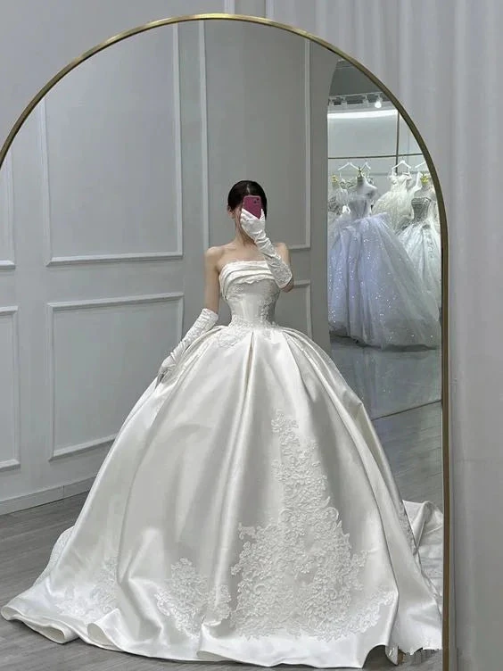 Stunning White Strapless Satin Wedding Dress,White Bridal Gown (ZD13707)