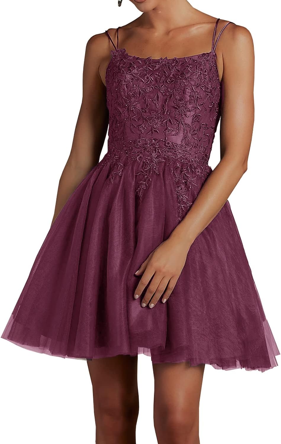 Modest Lace Beaded Tulle Homecoming Dresses Short Square Neck Prom Dress Spaghetti Straps Party Gown - View 14 | VelvetHem