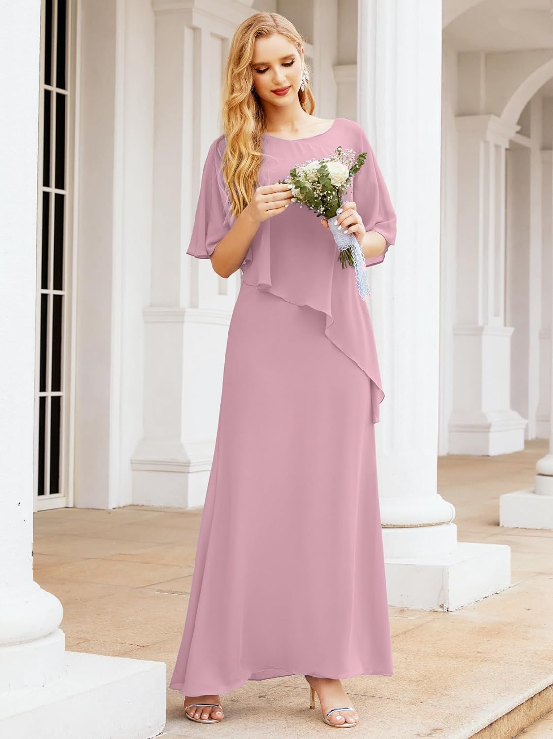 Sunnderly Chiffon Plus Size Mother of The Bride Dresses Formal Prom Gown Ruffle Cape - View 4 | VelvetHem