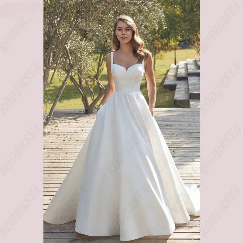 Civil V-Neck Wedding Dresses Square Collar Satin Bridal Gowns A-line Backless Buttons Bride Party Spaghetti Straps by payinti