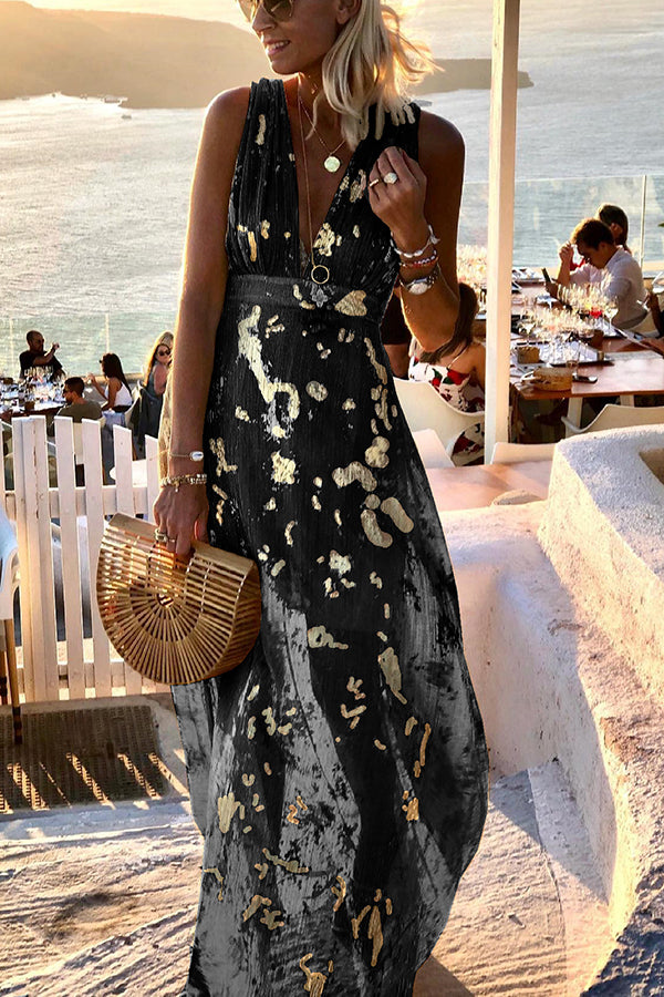 Jovita Aesthetic Long Dress with V Neck and Gold Sequins Chic Silhouette Collection