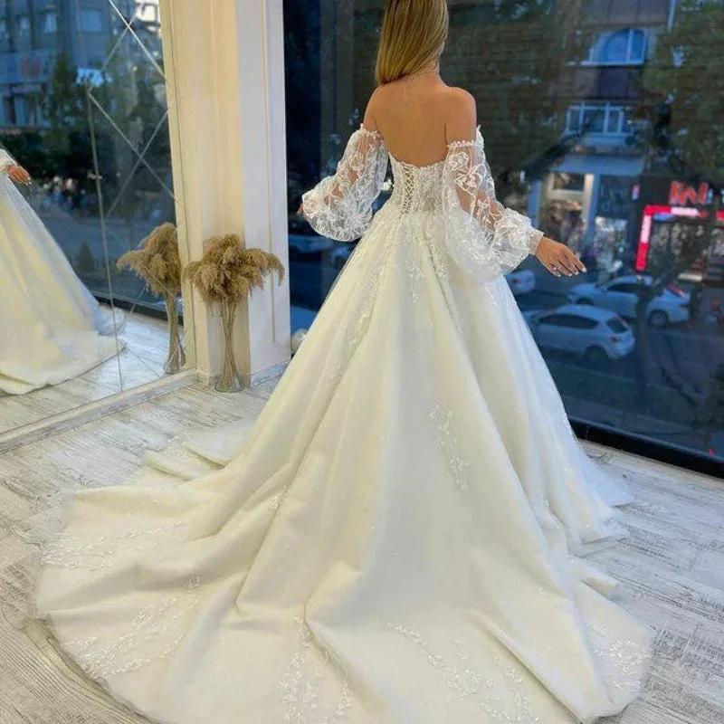 Sweetheart Tulle Wedding Dresses Off Shoulder Lace Up Appliqued Beaded Vestido De Noiva 2022 Puffed sleeves Lace Bridal Dress (ZD14128)