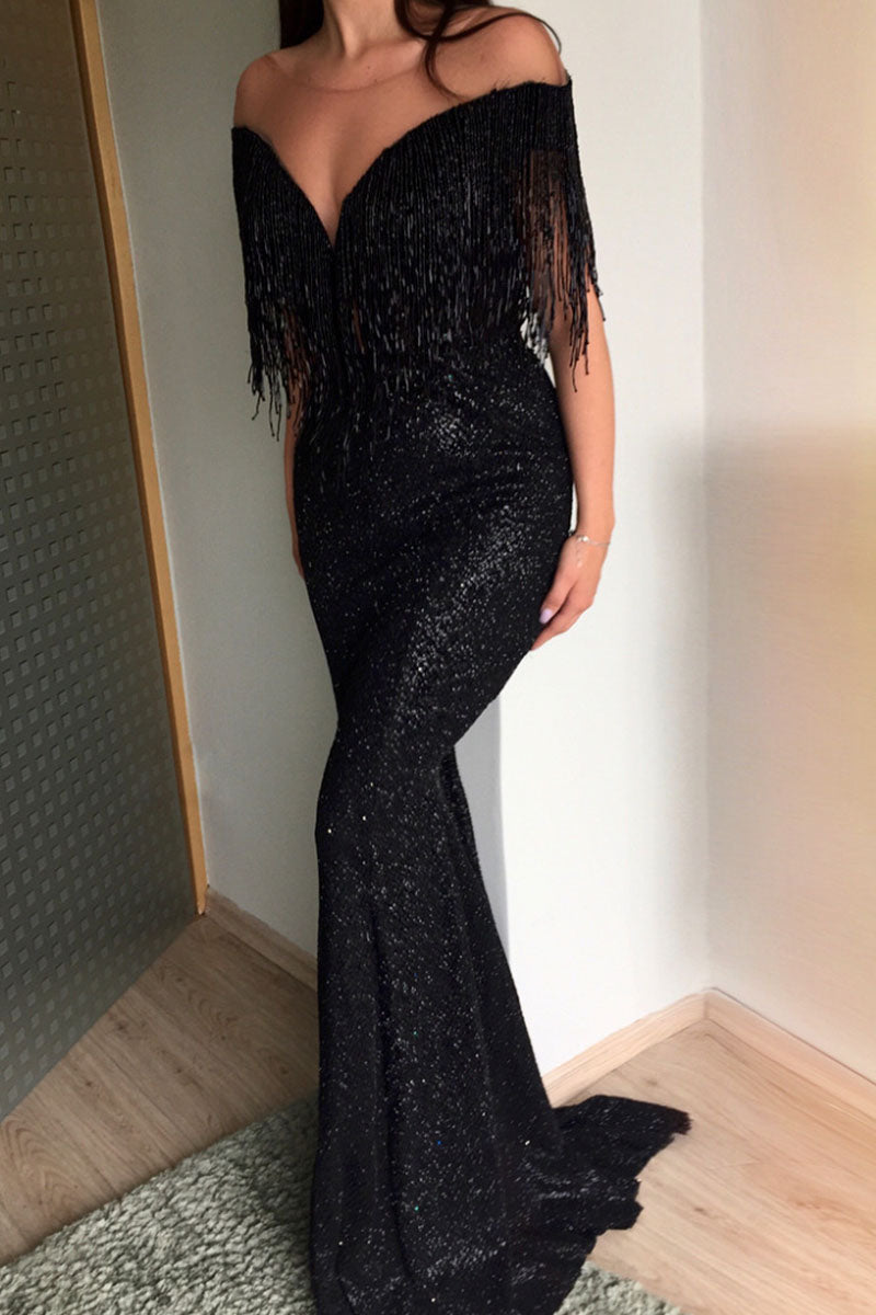 Sexy Solid Tassel Patchwork V Neck Evening Dress Dresses - View 2 | VelvetHem