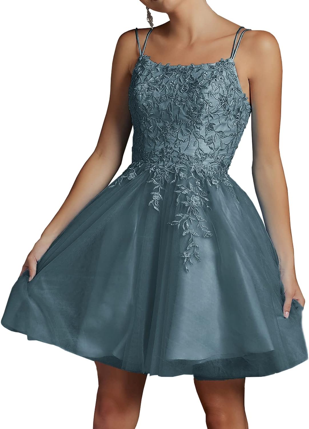Modest Lace Beaded Tulle Homecoming Dresses Short Square Neck Prom Dress Spaghetti Straps Party Gown - View 15 | VelvetHem