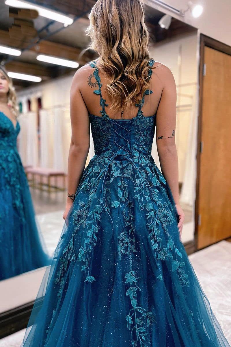 Floral Lace Glitter Tulle Prom Dress Long Ball Gown V Neck Formal Evening Dress Maxi Party Gown - View 3 | VelvetHem