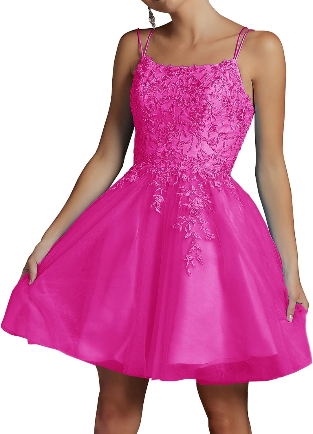Modest Lace Beaded Tulle Homecoming Dresses Short Square Neck Prom Dress Spaghetti Straps Party Gown