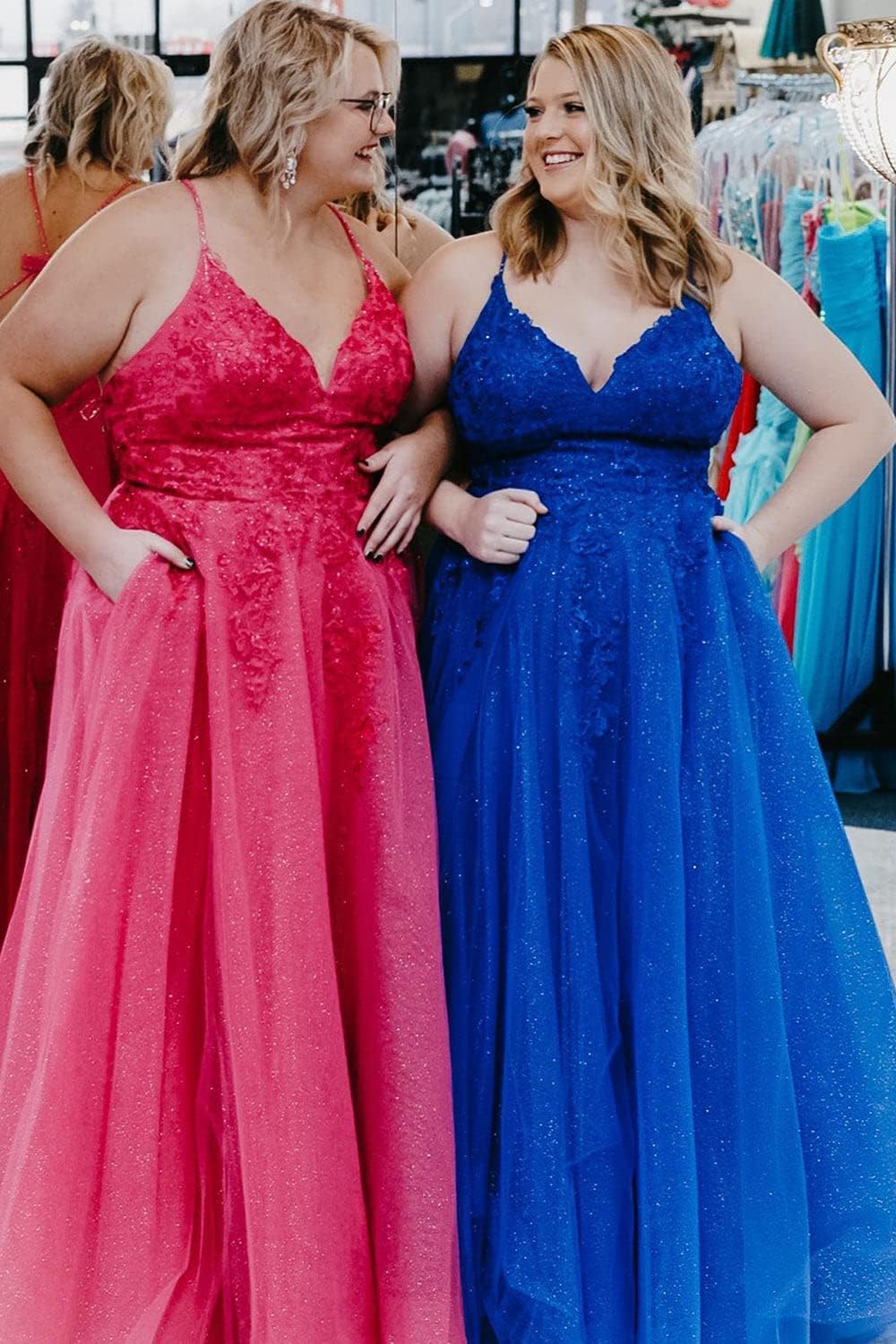 Floral Lace Glitter Tulle Prom Dress Long Ball Gown V Neck Formal Evening Dress Maxi Party Gown - View 6 | VelvetHem
