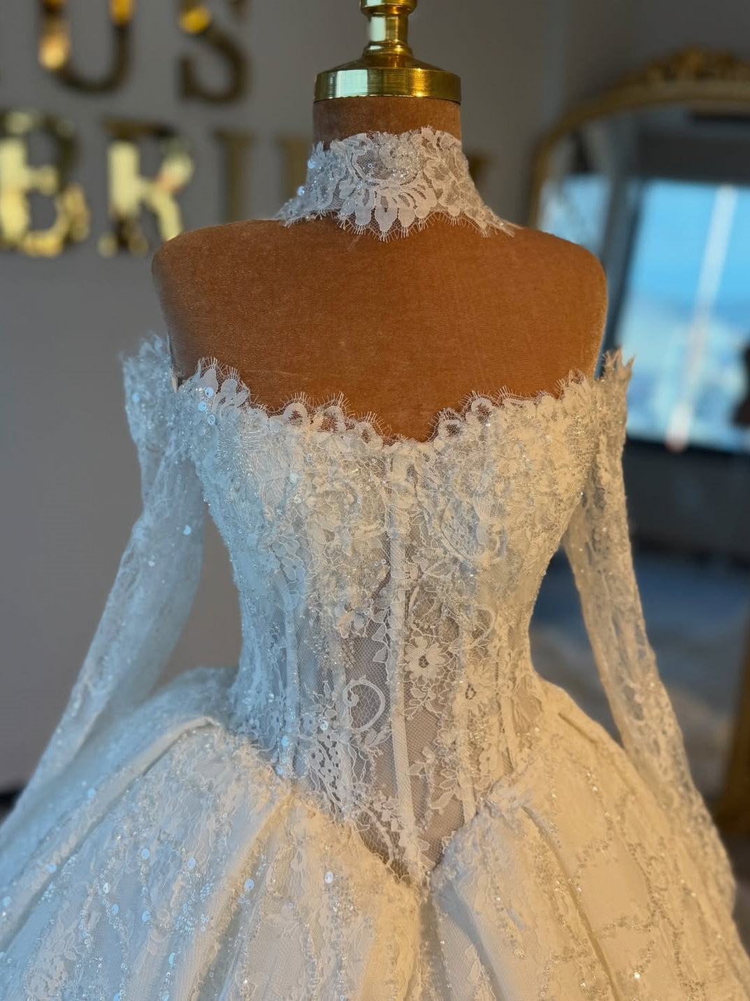 Princess Long Sheer Lace Sleeve Corset Ball Gown Wedding Dress With Sparkling Lace Fabric